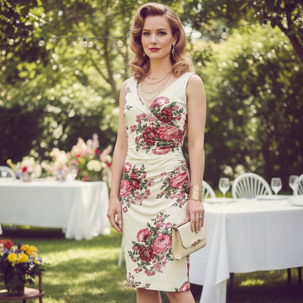 Archive by Betsy Johnson Floral Print Sheath Dress Size Medium Ivory V Neck Sexy